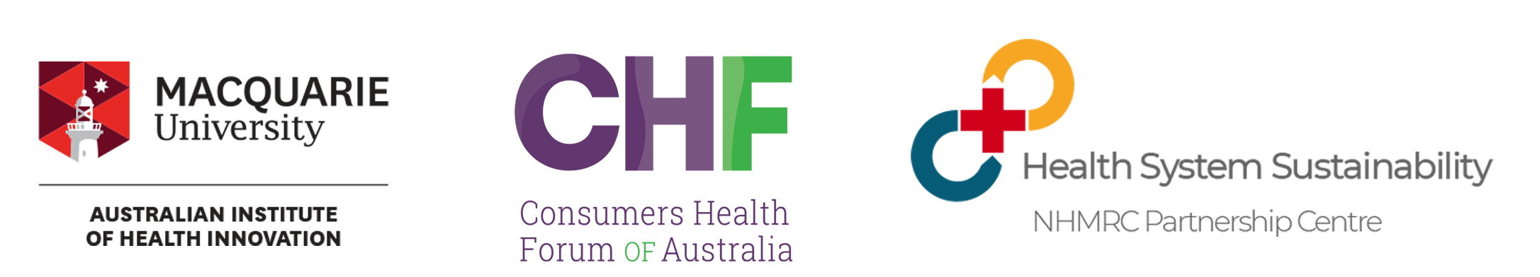 Logos for Macquarie University, consumers Health Forum and Health System Sustainability 
